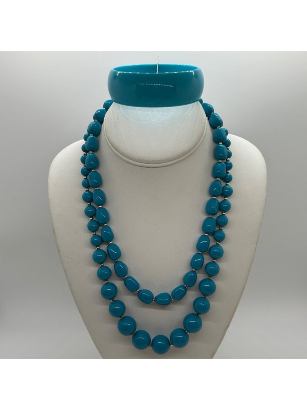 Vintage Turquoise Acrylic Set 2 Necklaces Bangle Bracelet Chunky Bead Statement - Picture 2 of 13
